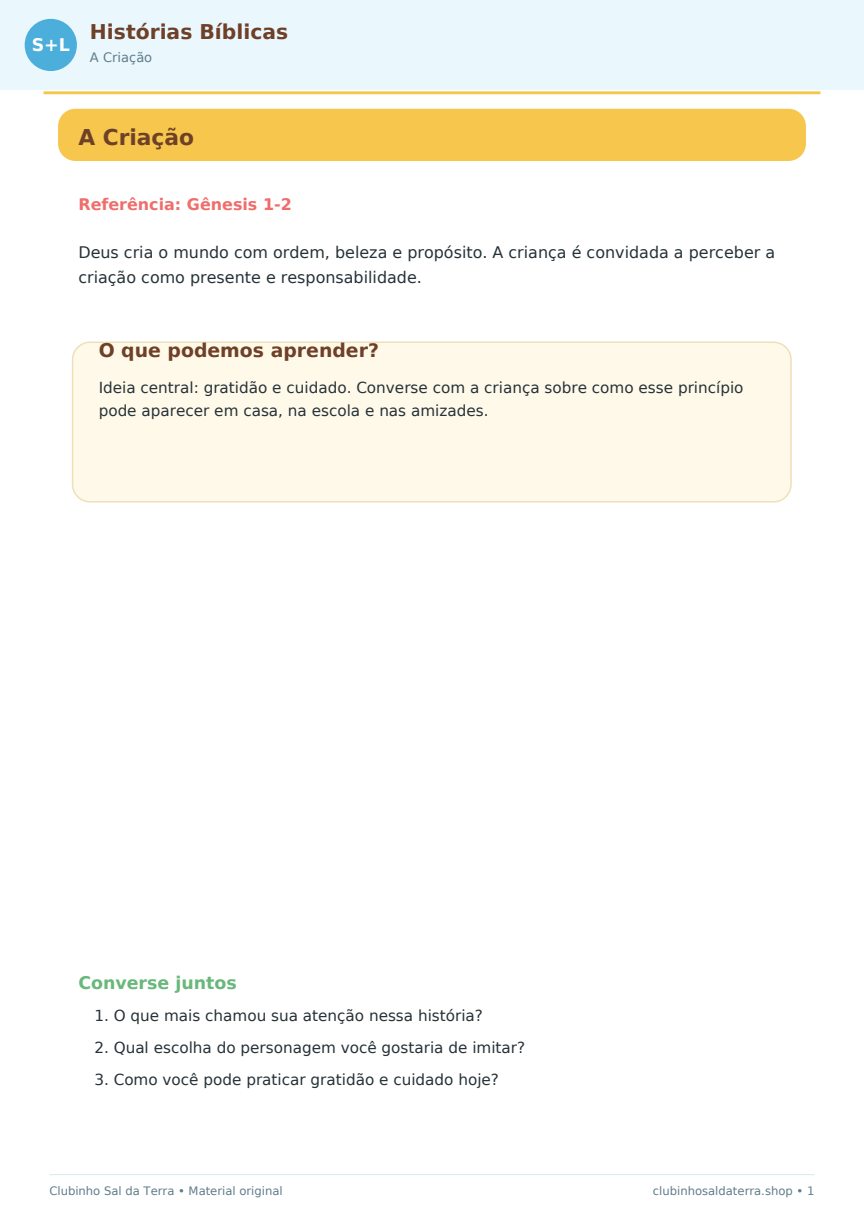 Página real da história da Criação com perguntas para conversar