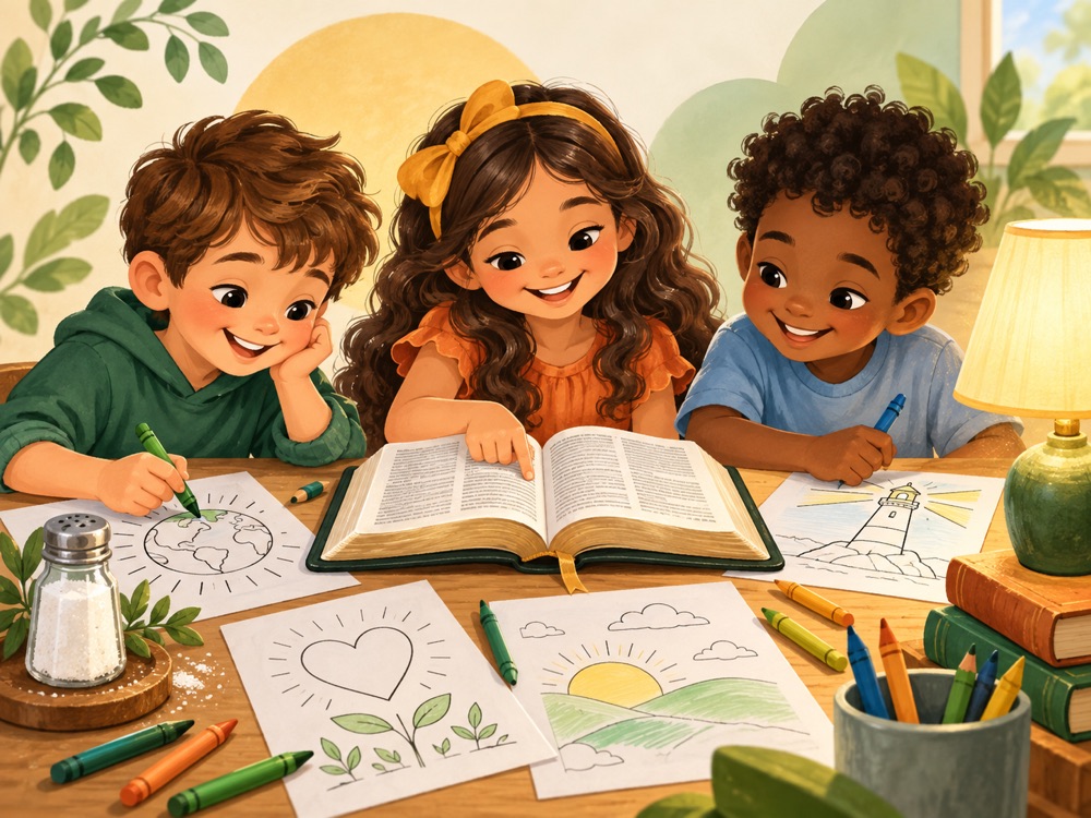 Ilustração de crianças aprendendo com a Bíblia e atividades
